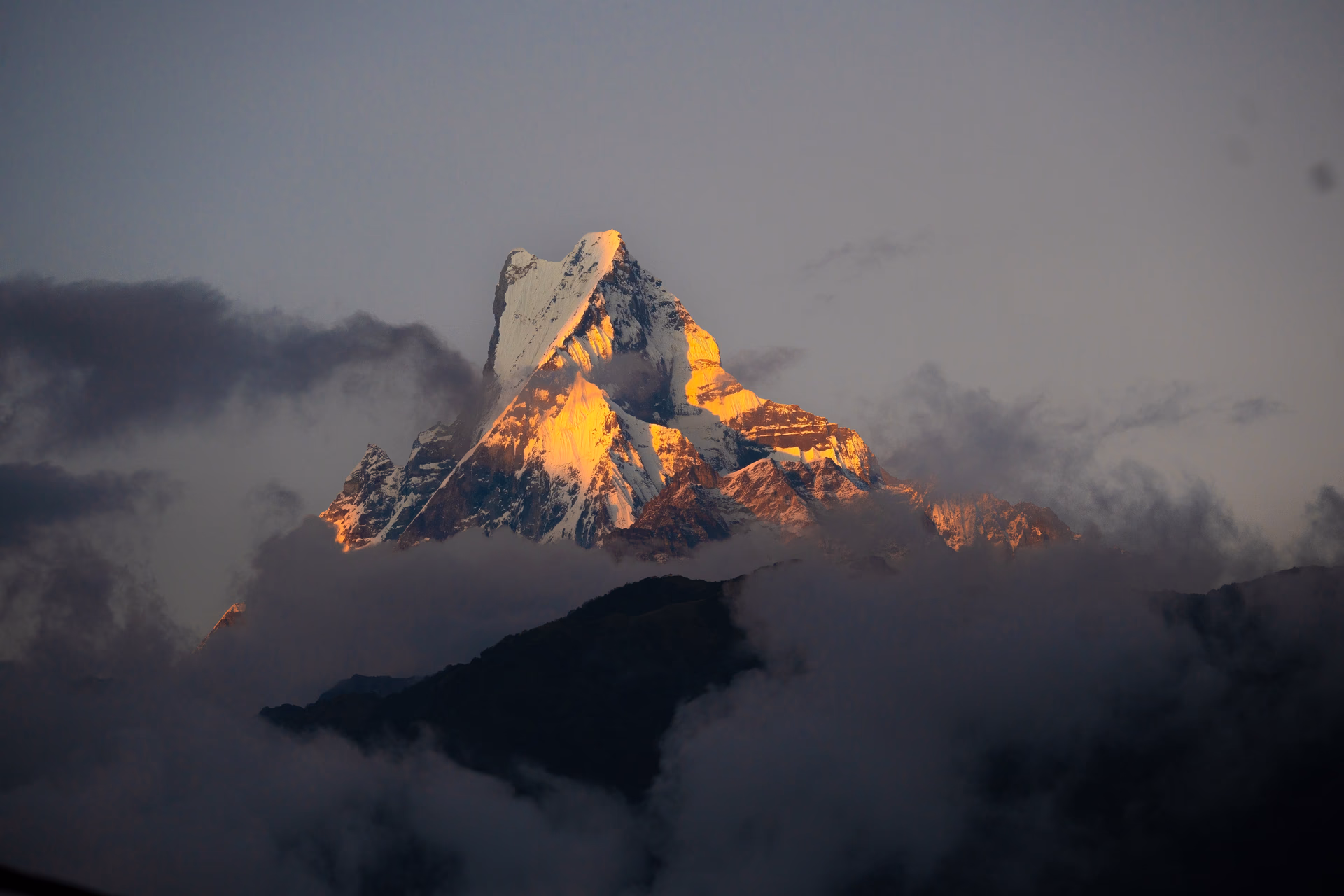 Machapuchare glowing at sunrise
